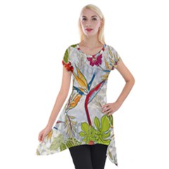 Flower Floral Red Green Tropical Short Sleeve Side Drop Tunic by Mariart