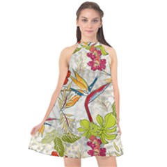 Flower Floral Red Green Tropical Halter Neckline Chiffon Dress  by Mariart