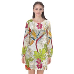 Flower Floral Red Green Tropical Long Sleeve Chiffon Shift Dress  by Mariart