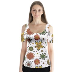 Flower Floral Sunflower Rose Pattern Base Butterfly Sleeve Cutout Tee 