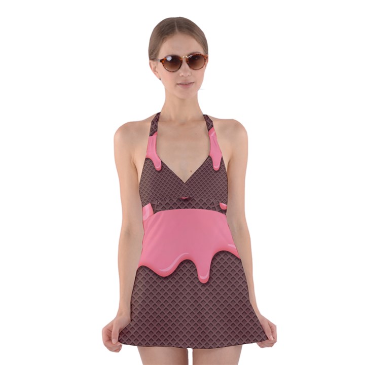 Ice Cream Pink Choholate Plaid Chevron Halter Swimsuit Dress