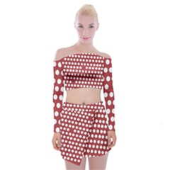 Pink White Polka Dots Off Shoulder Top With Skirt Set by Mariart