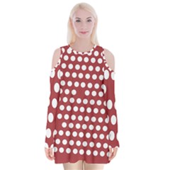 Pink White Polka Dots Velvet Long Sleeve Shoulder Cutout Dress by Mariart