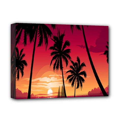 Nature Palm Trees Beach Sea Boat Sun Font Sunset Fabric Deluxe Canvas 16  X 12  