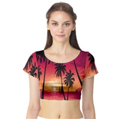 Nature Palm Trees Beach Sea Boat Sun Font Sunset Fabric Short Sleeve Crop Top (tight Fit) by Mariart