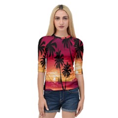 Nature Palm Trees Beach Sea Boat Sun Font Sunset Fabric Quarter Sleeve Tee