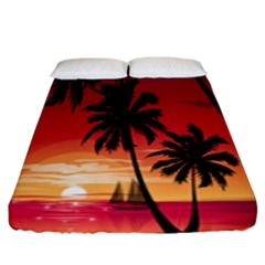 Nature Palm Trees Beach Sea Boat Sun Font Sunset Fabric Fitted Sheet (king Size)