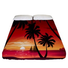 Nature Palm Trees Beach Sea Boat Sun Font Sunset Fabric Fitted Sheet (california King Size) by Mariart