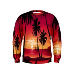 Nature Palm Trees Beach Sea Boat Sun Font Sunset Fabric Kids  Sweatshirt