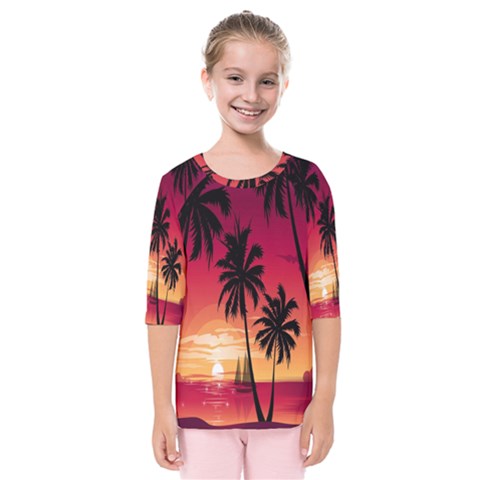 Nature Palm Trees Beach Sea Boat Sun Font Sunset Fabric Kids  Quarter Sleeve Raglan Tee by Mariart