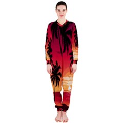 Nature Palm Trees Beach Sea Boat Sun Font Sunset Fabric Onepiece Jumpsuit (ladies)  by Mariart