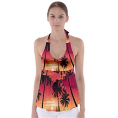 Nature Palm Trees Beach Sea Boat Sun Font Sunset Fabric Babydoll Tankini Top