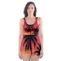 Nature Palm Trees Beach Sea Boat Sun Font Sunset Fabric Skater Dress Swimsuit by Mariart