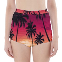 Nature Palm Trees Beach Sea Boat Sun Font Sunset Fabric High-waisted Bikini Bottoms by Mariart