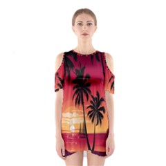 Nature Palm Trees Beach Sea Boat Sun Font Sunset Fabric Shoulder Cutout One Piece by Mariart