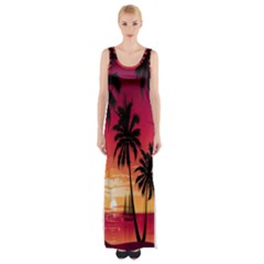 Nature Palm Trees Beach Sea Boat Sun Font Sunset Fabric Maxi Thigh Split Dress by Mariart