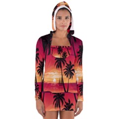 Nature Palm Trees Beach Sea Boat Sun Font Sunset Fabric Women s Long Sleeve Hooded T-shirt by Mariart