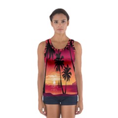 Nature Palm Trees Beach Sea Boat Sun Font Sunset Fabric Women s Sport Tank Top  by Mariart