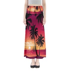 Nature Palm Trees Beach Sea Boat Sun Font Sunset Fabric Maxi Skirts by Mariart