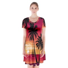 Nature Palm Trees Beach Sea Boat Sun Font Sunset Fabric Short Sleeve V-neck Flare Dress