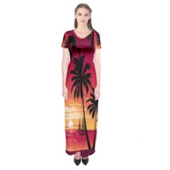 Nature Palm Trees Beach Sea Boat Sun Font Sunset Fabric Short Sleeve Maxi Dress by Mariart