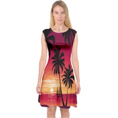 Nature Palm Trees Beach Sea Boat Sun Font Sunset Fabric Capsleeve Midi Dress by Mariart