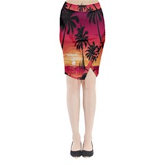 Nature Palm Trees Beach Sea Boat Sun Font Sunset Fabric Midi Wrap Pencil Skirt by Mariart