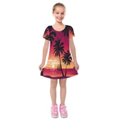 Nature Palm Trees Beach Sea Boat Sun Font Sunset Fabric Kids  Short Sleeve Velvet Dress by Mariart