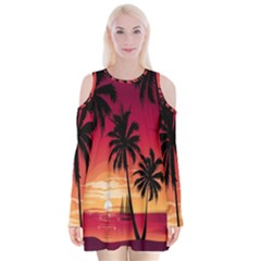 Nature Palm Trees Beach Sea Boat Sun Font Sunset Fabric Velvet Long Sleeve Shoulder Cutout Dress by Mariart