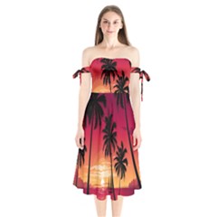 Nature Palm Trees Beach Sea Boat Sun Font Sunset Fabric Shoulder Tie Bardot Midi Dress by Mariart