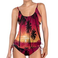 Nature Palm Trees Beach Sea Boat Sun Font Sunset Fabric Tankini by Mariart