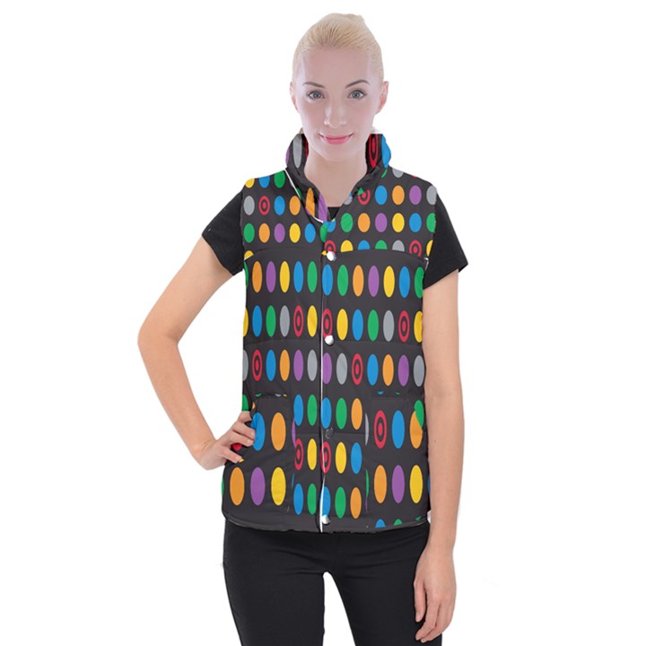 Polka Dots Rainbow Circle Women s Button Up Puffer Vest