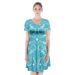 Repeatable Flower Leaf Blue Short Sleeve V-neck Flare Dress by Mariart