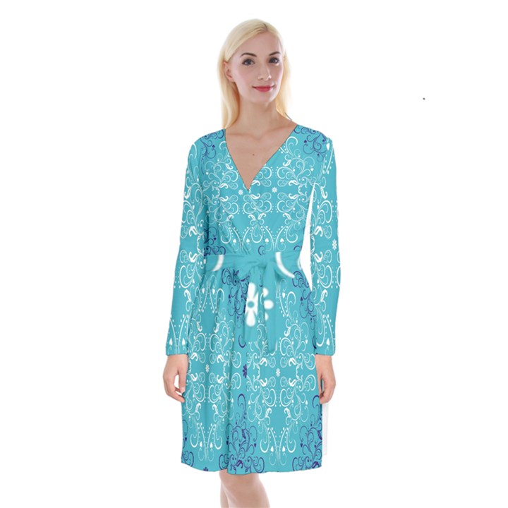 Repeatable Flower Leaf Blue Long Sleeve Velvet Front Wrap Dress