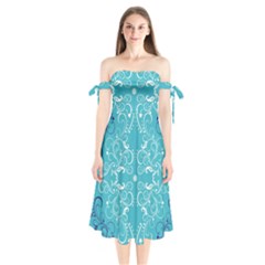 Repeatable Flower Leaf Blue Shoulder Tie Bardot Midi Dress