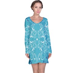 Repeatable Flower Leaf Blue Long Sleeve Nightdress by Mariart