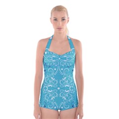 Repeatable Flower Leaf Blue Boyleg Halter Swimsuit  by Mariart