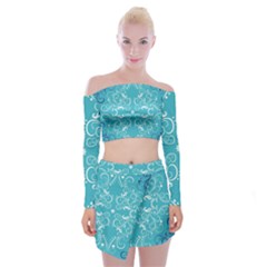 Repeatable Flower Leaf Blue Off Shoulder Top With Skirt Set by Mariart