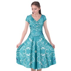 Repeatable Flower Leaf Blue Cap Sleeve Wrap Front Dress