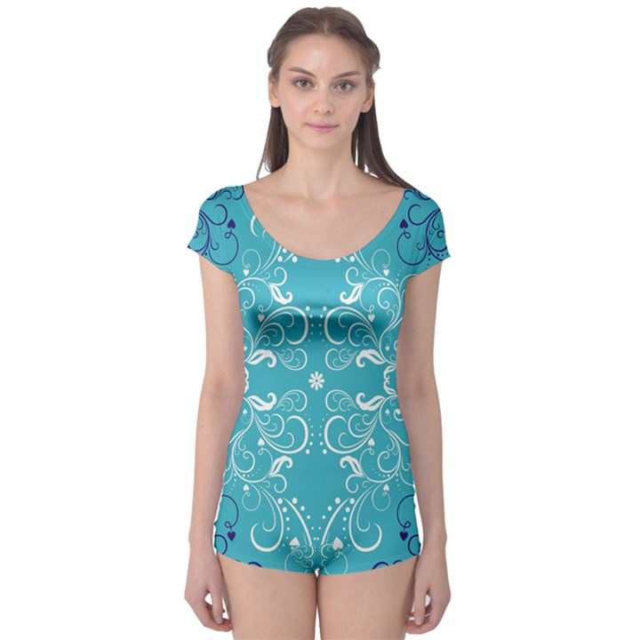 Repeatable Flower Leaf Blue Boyleg Leotard 