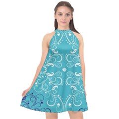 Repeatable Flower Leaf Blue Halter Neckline Chiffon Dress  by Mariart