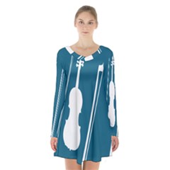 Violin Music Blue Long Sleeve Velvet V-neck Dress by Mariart