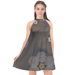 Walls Medallion Floral Grey Polka Halter Neckline Chiffon Dress 