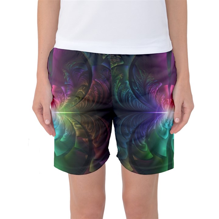 Anodized Rainbow Eyes And Metallic Fractal Flares Women s Basketball Shorts