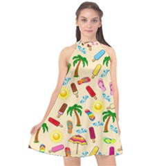 Beach Pattern Halter Neckline Chiffon Dress 