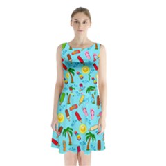 Beach Pattern Sleeveless Waist Tie Chiffon Dress by Valentinaart