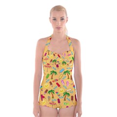 Beach Pattern Boyleg Halter Swimsuit  by Valentinaart