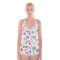 Beach Pattern Boyleg Halter Swimsuit  by Valentinaart