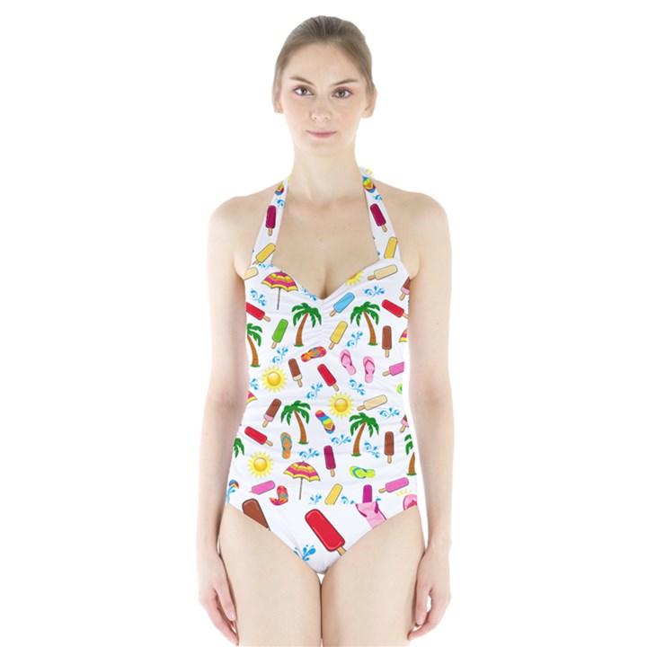 Beach Pattern Halter Swimsuit