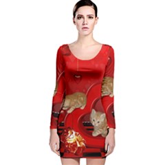 Cute, Playing Kitten With Hearts Long Sleeve Velvet Bodycon Dress by FantasyWorld7